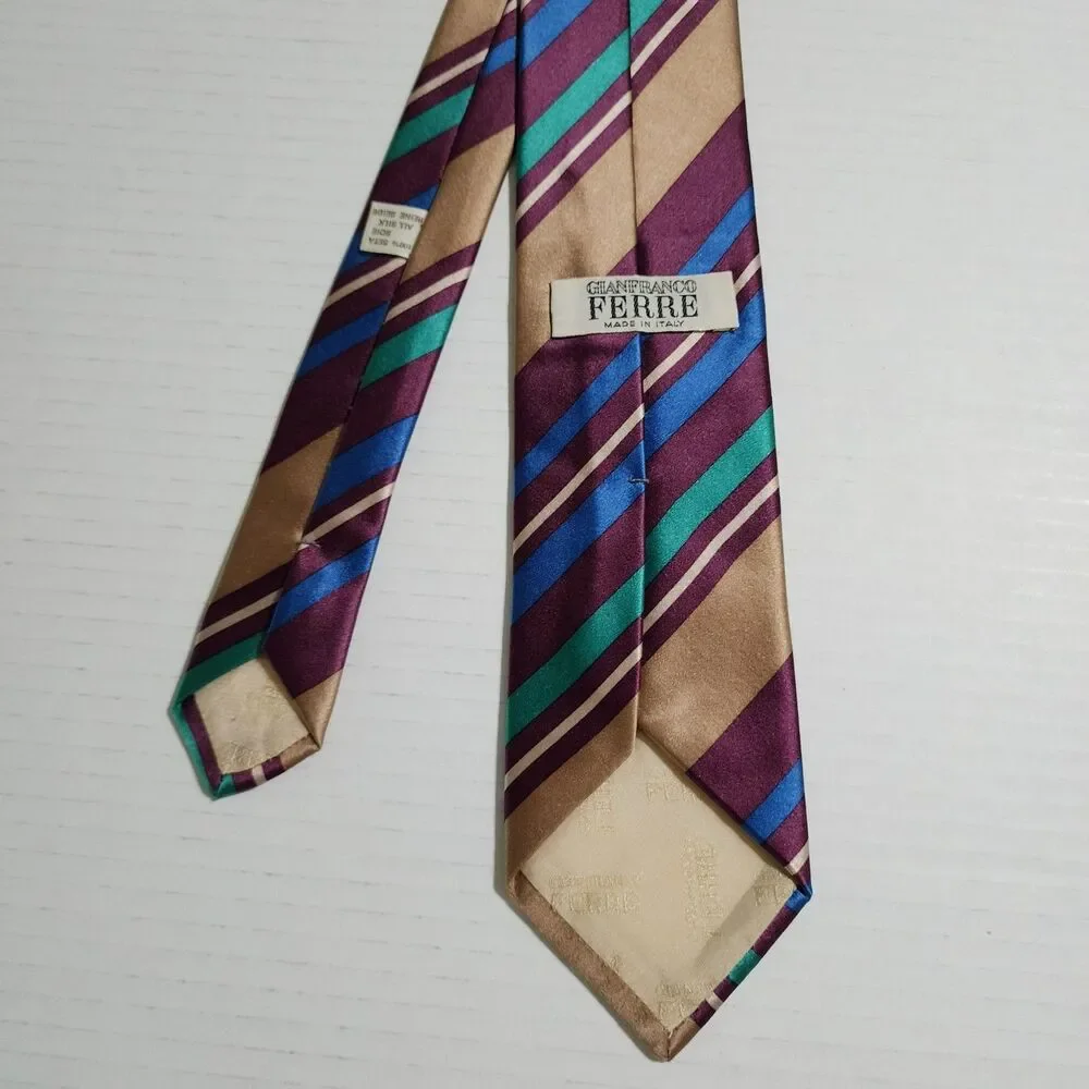 Gianfranco Ferre Italy Mens Silk Tie Beige Red Blue Green Striped Logo 3x55 Neck